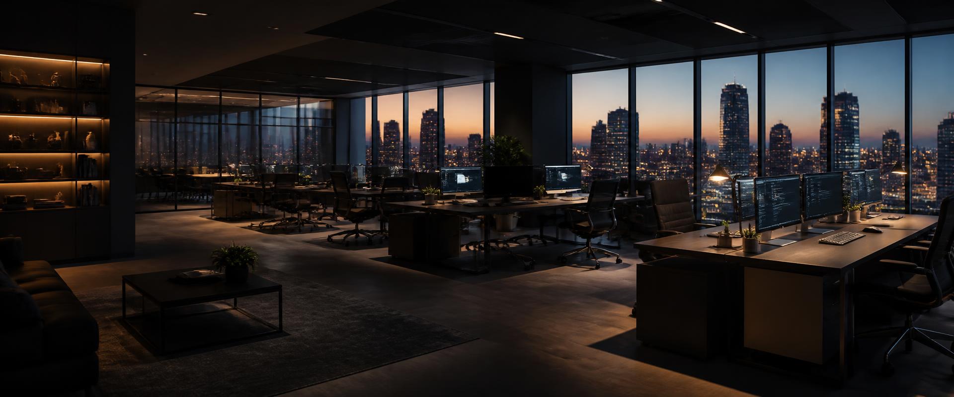 Bureaux professionnels modernes équipés de postes informatiques