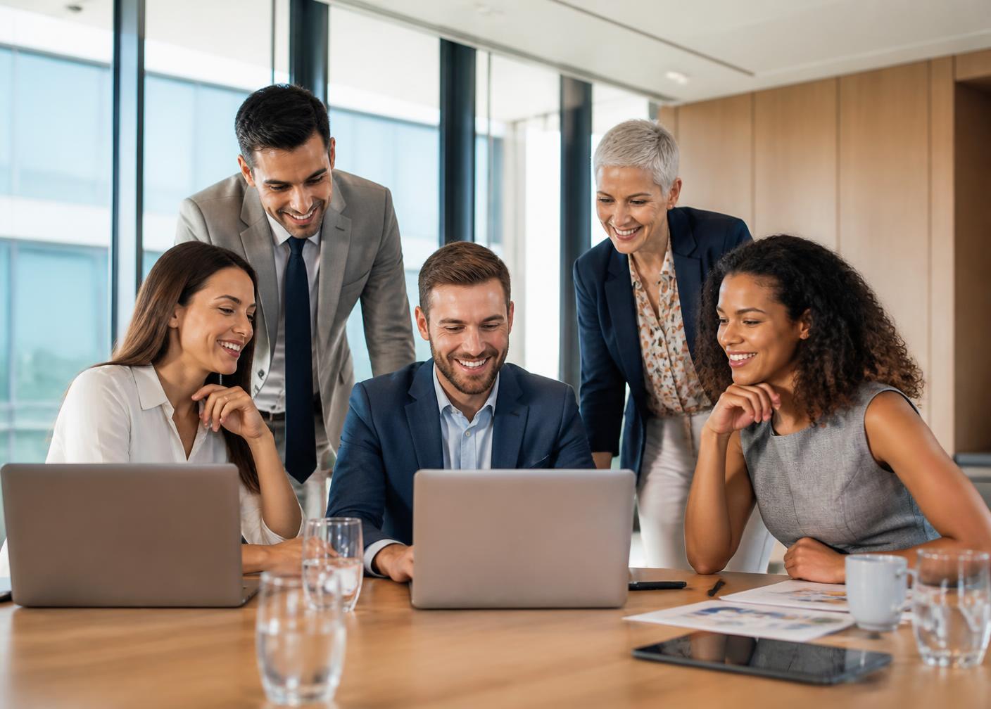 Équipe de professionnels travaillant sur des ordinateurs portables en réunion